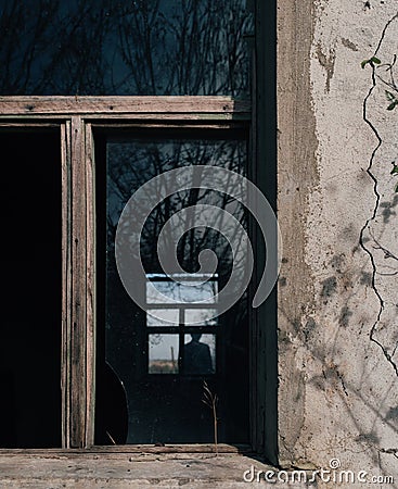 Window of a building surrounded by the cracks of the wall Stock Photo