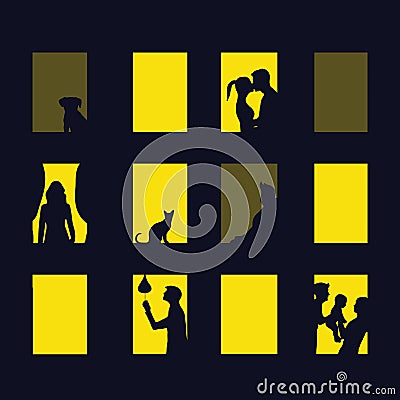 Window city at night. Vector illustration of apartment blocks with windows Vector Illustration