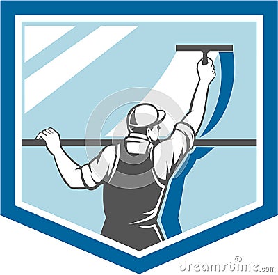 Window Cleaner Washer Worker Shield Retro Vector Illustration
