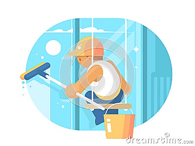 Window cleaner washes glass Vector Illustration