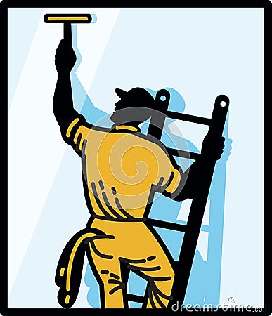 Window Cleaner Worker Cleaning Ladder Retro Vector Illustration