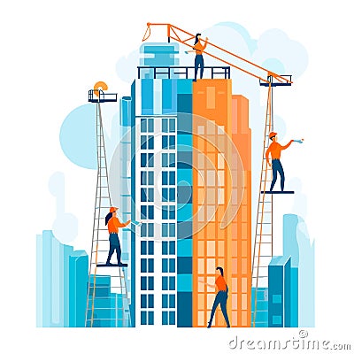 Window cleaning on high rise buildings. Dangerous work at heights on buildings Vector Illustration