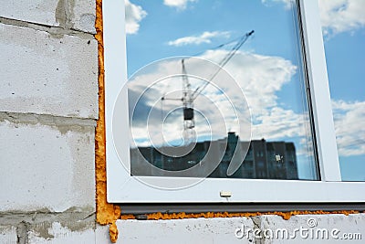 Window Construction with Insulation. Window installation and Replacement Details Stock Photo