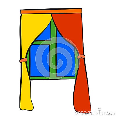 Window curtains, icon, children`s drawing style. Vector Illustration