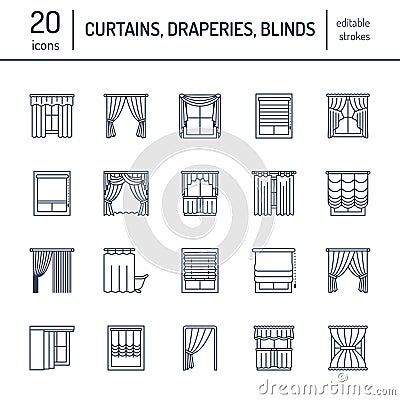 Window curtains, shades line icons. Various room darkening decoration, lambrequin, swag, french curtain, blinds and Vector Illustration