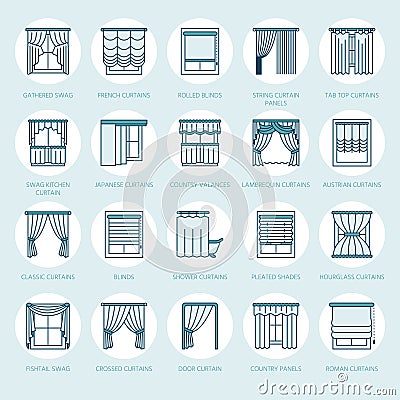 Window curtains, shades line icons. Various room darkening decoration, lambrequin, swag, french curtain, blinds and Vector Illustration