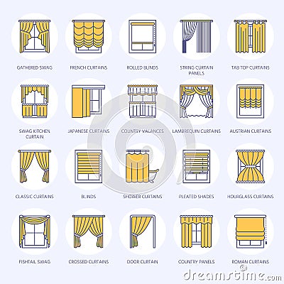 Window curtains, shades line icons. Various room darkening decoration, lambrequin, swag, french curtain, blinds and Vector Illustration