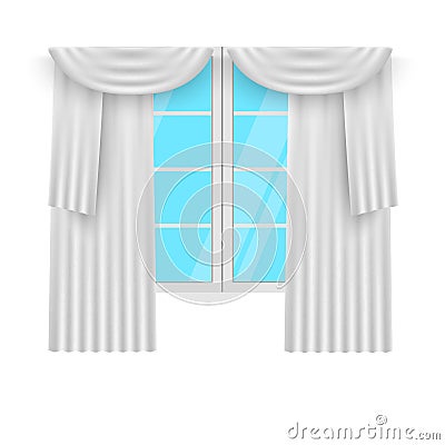 Window curtains. White curtans and windows. Vector Vector Illustration