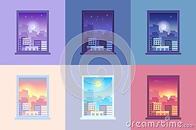 Window day time view. Sunrise and sun dawn morning noon and sunset dusk day and night stars at city house windows Vector Illustration