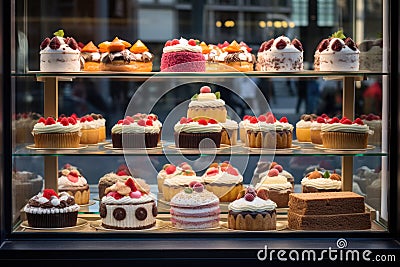 a window display of a variety of cakes, Stock Photo