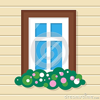 Window with Flowers in House. Street View on Wall. Vector Illustration