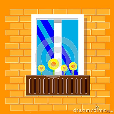 A window with flowers in pot. View outside from the street. Window on brick wall. Vector illustration. Flat style. Vector Illustration