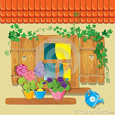 Window and flowers in pots. Vector Illustration