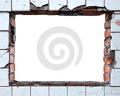 Window frame of a broken tile wall Stock Photo