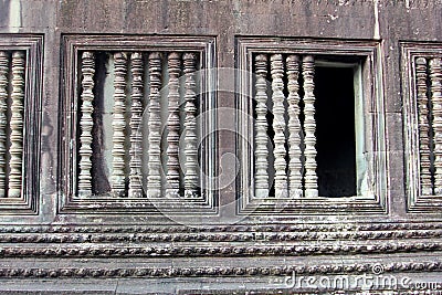 Window frames pillars details, ancient Angkor Wat Stock Photo