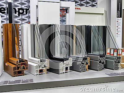 Window frames for thermo-acoustic insulation with double and triple glazing Editorial Stock Photo