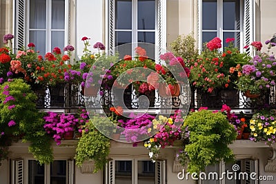 window garden filled with bright and colorful blooms on a white balcony Stock Photo