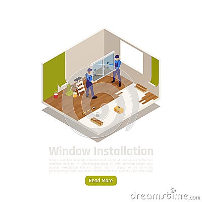 Window Installation Isometric Composition Vector Illustration