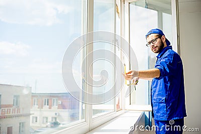 Window installation worker Stock Photo