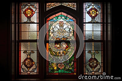 window with intricate design, including stained glass and leaded glass Stock Photo