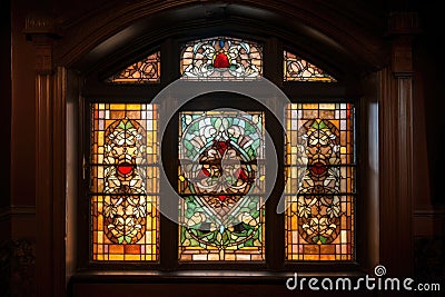 window with intricate design, including stained glass and leaded glass Stock Photo