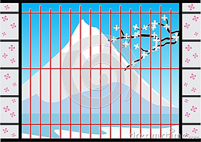 Window of Japan House with Fuji Mountain View, Vector Illustration Vector Illustration