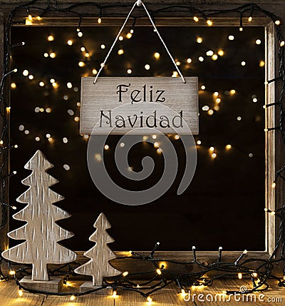 Window, Lights In Night, Feliz Navidad Means Merry Christmas Stock Photo