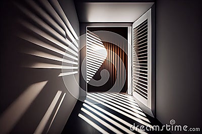 window louver with dazzling light filtering through, illuminating the room Stock Photo