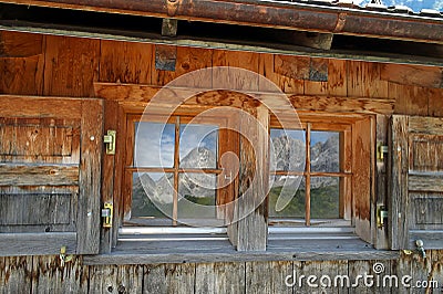 Window with mountain reflection Stock Photo