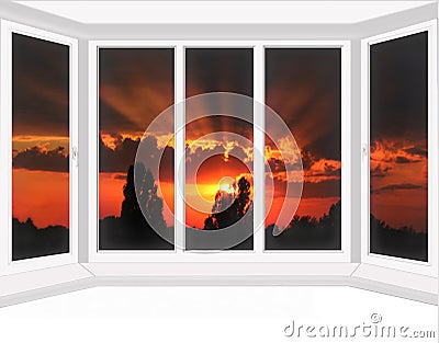 Window overlooking the scarlet sunset isolated Stock Photo