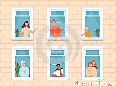 Window people. Happy neighbourhoods characters looking from windows frame in big house standing near walls and curtains Vector Illustration