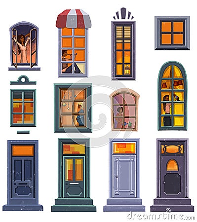 Window people. Happy neighbourhoods characters looking from windows frame Cartoon Illustration
