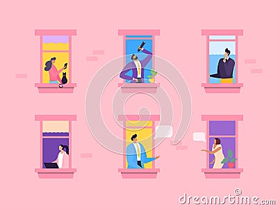 Window with people work character, vector illustration. Person office at cartoon home during coronavirus, woman man with Vector Illustration