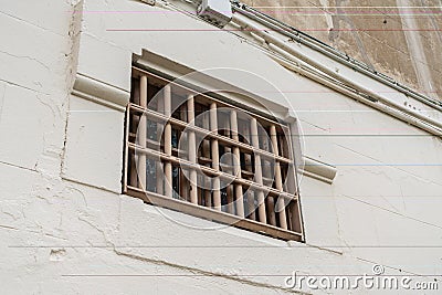 Window of prison cell with bars, close up Stock Photo