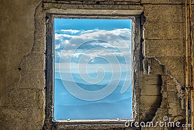 Window Scenic mountain view dramatic sky Stock Photo