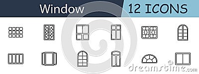 Window set icon. Includes various window types, frames, and architectural symbols. Ideal for home design, building, and renovation Vector Illustration