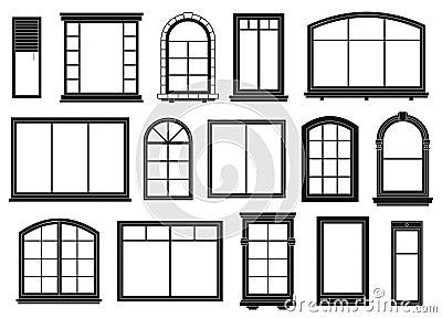 Window silhouettes. Exterior framing windows, black outline ornate arches and doors architectural building elements Vector Illustration