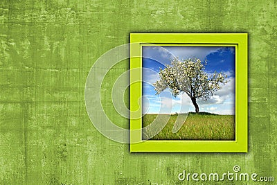 Window with spring landscape view Stock Photo