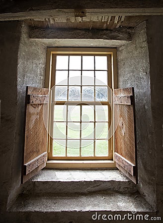 Window,Shaker stone barn interior Stock Photo