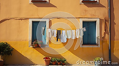 clothes being dried in a yellow facade with blue windows Stock Photo