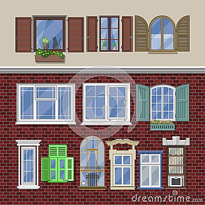 Window vector modern house view glass frame arch illustration set of windowing design windowpane arching decoration Vector Illustration