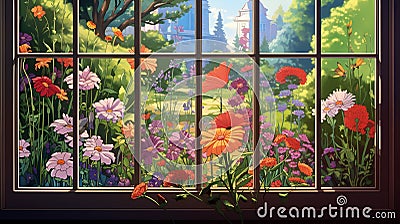 a window view of a blooming flower garden, with a variety of colorful blossoms Stock Photo