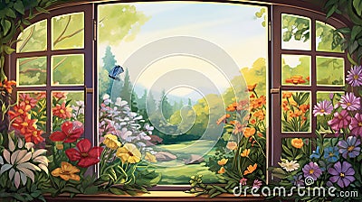 a window view of a blooming flower garden, with a variety of colorful blossoms Stock Photo