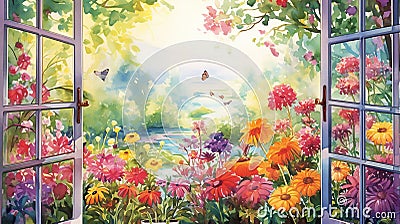 a window view of a blooming flower garden, with a variety of colorful blossoms Stock Photo