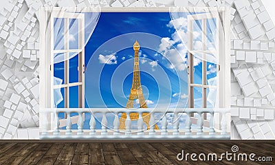 Window view of the Eiffel tower. Photo wallpaper for interior. 3D rendering. Stock Photo