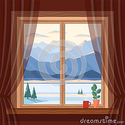 Window view of the morning and evening blue mountains, snow, spruce and river in winter, at dawn, sunset in cozy home. Cartoon Illustration