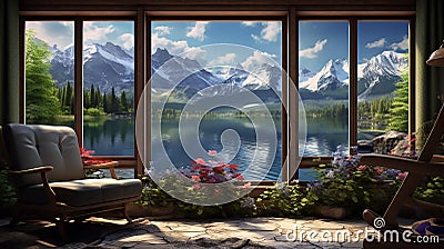 a window view overlooking a secluded mountain lake, with crystal-clear water Stock Photo