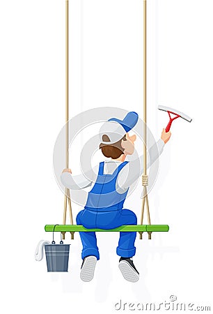 Window washer. Cleaning service. Cartoon character. Vector Illustration