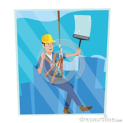 Windows Cleaning Worker Vector. Professional Worker Cleaning Windows. Modern Skyscraper. High Risk Work. Isolated Flat Vector Illustration