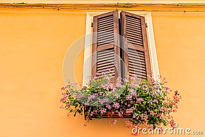 window with wooden shutters and geraniums Stock Photo